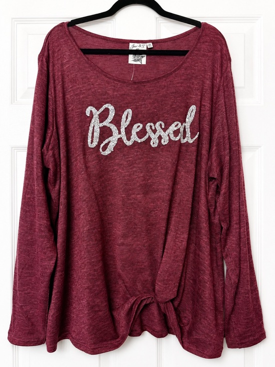 Joei & I Tops - Joei & I 3X Blessed Rhinestone Burgundy Tie Front Long Sleeve